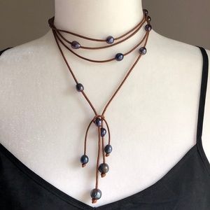 Handcrafted leather and pearl necklace/bracelet